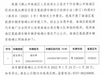 佛山南海区新一批氢能汽车补贴资格确认公示